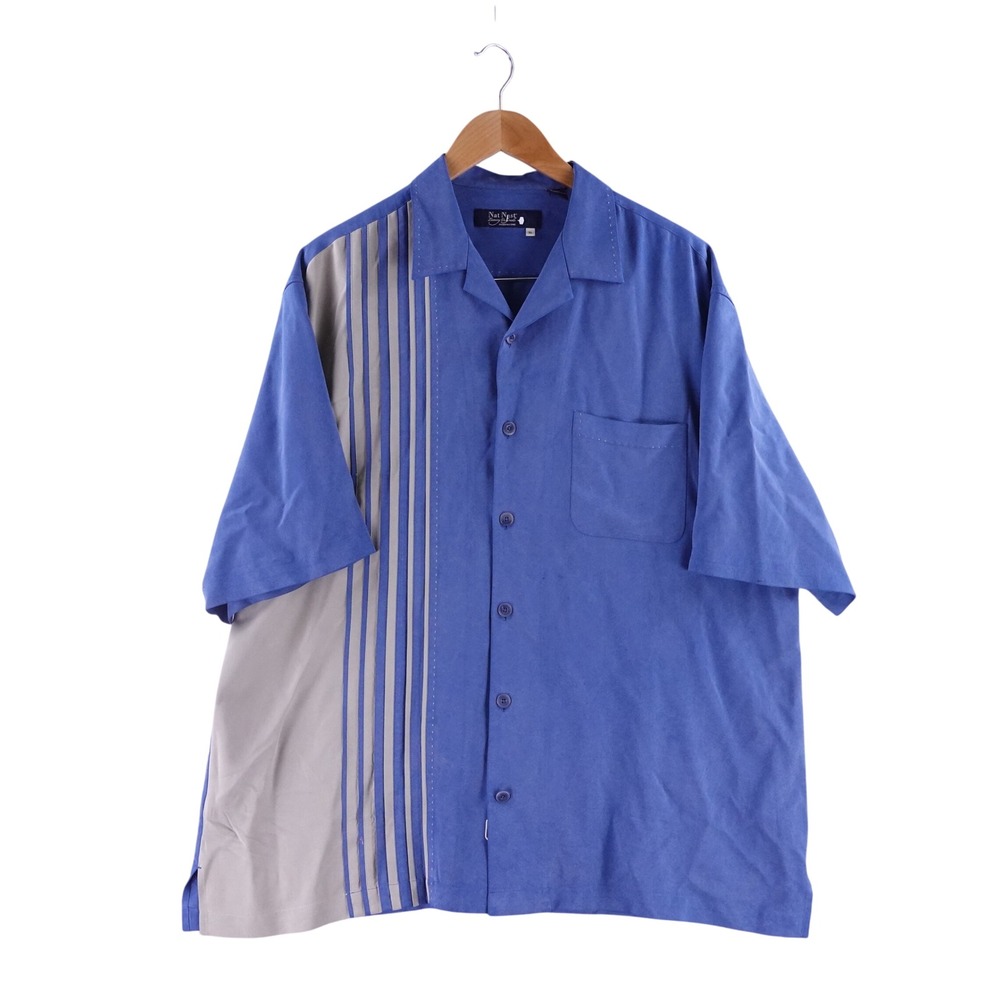 Nat Nast Mens XL Luxury Originals Blue Silk Striped Bowling Shirt Short Sleeve